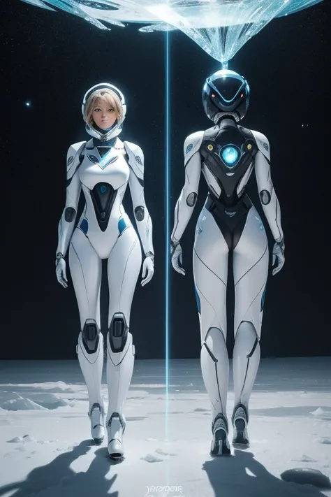 2 sophisticated and futuristic robots are in their right hands ready to fire a laser beam from their hands. floor , Daytime lighting in a frozen environment, floor com neve,  astronaut wearing space suit is walking on the ice planet and observes something ...