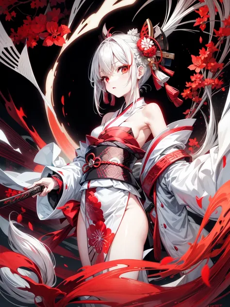 A girl in a kimono standing with a Japanese sword、White medium hair、Red eyes、Red lips、Kimono with a pattern of red cluster amaryllis on a black background、Red splash pattern on a black background、super high quality、Ultra-fine detail、Ultra-fine kimono patte...