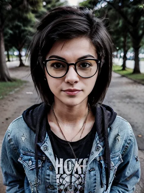 Full-length photo portrait of a young chubby Russian punk girl in glasses, 22 years old with aesthetic small breasts with beautiful erect nipples, corneal reflections, whole body, Detailed human skin texture, fuzz on the skin, beautiful elastic body, aesth...