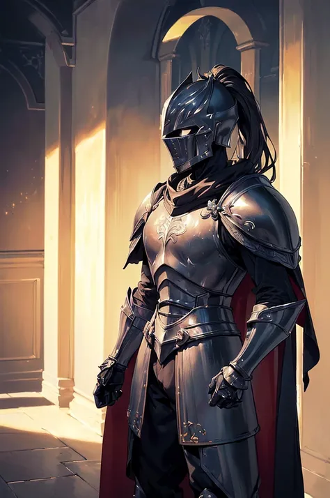 (masterpiece; best quality: 1.2), ((full armored knight man)), ((solo)), (black eyes: 1.4), (body; toned, lean, masculine: 1.3), (beautiful and clear background: 1.2), ((depth of field)), (equipment: full plate black-metal dark medieval armor + closed helm...