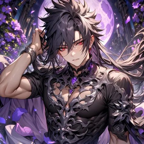 absurdres, highres, ultra detailed, HDR, master piece, best quality, Kaerius, black hair, spiked hair, hair between the eyes, expressive red eyes, Dream and Legacy, solo, sexy man, handsome, toned chest, touching his hair, black coat, black tight T-shirt, ...