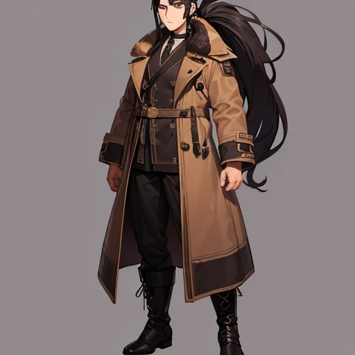 (detailed), (normal guy), (arab features), ((brown sheepskin jacket)), ((pelo con rulos negro ponytail hairstyle)), (calm face), ((ponytail hairstyle)), ((tall black boots)), (((whole body)))