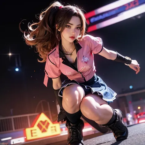 high resolution, best qualityer, work of art, very high image quality, ultra detali, hyper realist, 3d, アニメ, illustrations, fancy, hard rock girl, very beautiful cute, pink wavy hair, side braid, mini-skirt, Knee socks, engineer boots, cyber punk galaxy ci...