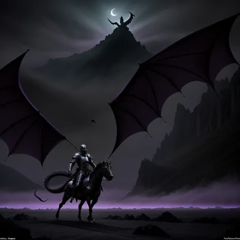 Medieval knight, in front of a dragon with black scales, radiant purple eyes, in the middle of a dark and desolate landscape, with violet fog, in a position about to fight the dragon, as if it were a dark fantasy film from the 1970s