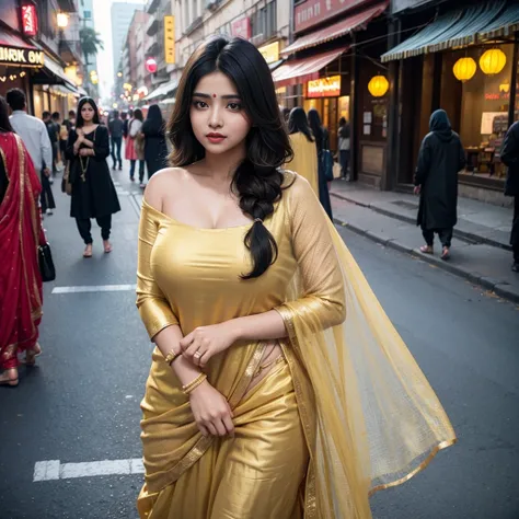 (((desi girl))), chubby face, natural skin, wearing hot deep neck top and dupatta, charming black hair, ((hair ends are blonde)), city streets background, bokeh