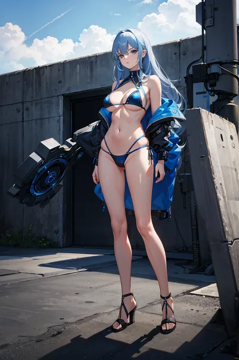 1woman, metallic hair, blue eyes, bikini, standing on ground, high res, ultra sharp, 8K, masterpiece