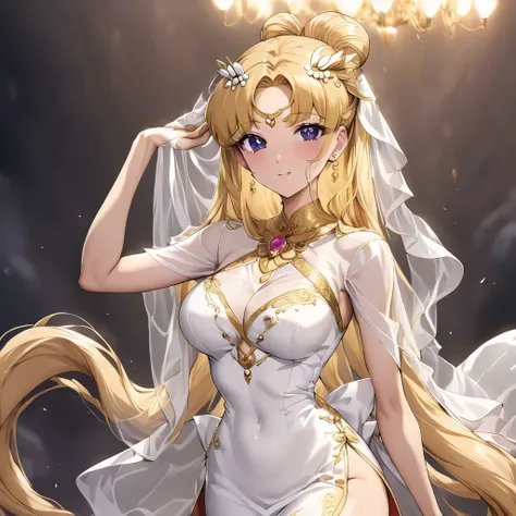 ((Highest quality)), ((masterpiece)), (detailed), （Perfect Face）、The woman is wearing a luxurious, glittering, gold-embroidered, shiny, see-through gold Chinese dress with a long slit, a gold veil, a gold see-through cape, a gorgeous hair ornament, and gor...