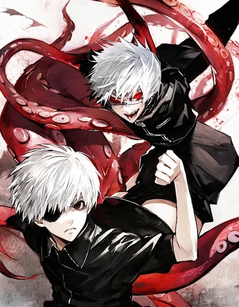 ```
ken kaneki, Tokyo Ghoul, white hair, black outfit, eyepatch, half-ghoul, serious expression, red kakugan eye, kagune tentacles, detailed face, high quality、Acrobatic、Wind-like sensation、

```