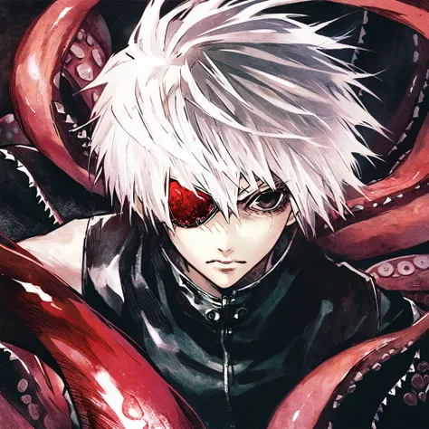 ```
ken kaneki, Tokyo Ghoul, white hair, black outfit, eyepatch, half-ghoul, serious expression, red kakugan eye, kagune tentacles, detailed face, high quality、Acrobatic、Wind-like sensation、

```