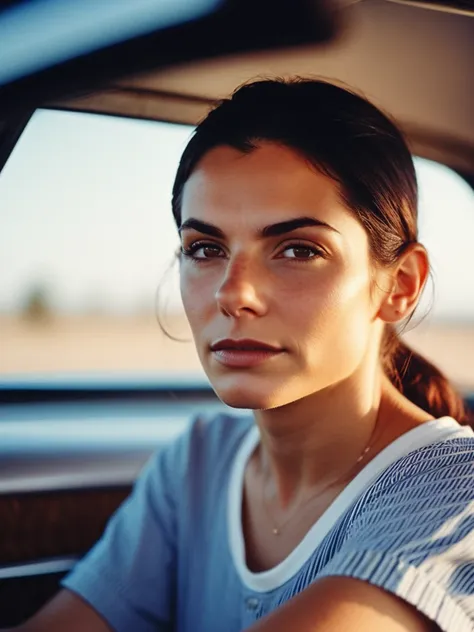 cinematic photo professional close-up portrait photography of the face of a beautiful (((ohwx woman))) driving a 1970s car, niko...