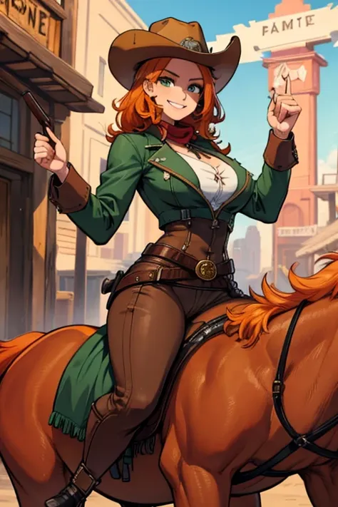 perfect face, perfect hand. an orange haired female with green eyes and an hourglass figure in a conservative cowgirl outfit is ...