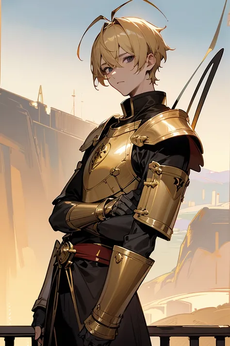 (Original Character,8k, Masterpiece, Best Quality,Detailed, Beautiful Detailed Eyes, solo),1boy,tall,fine skin,(black eyes),black sclera,blonde hair,short hair,(((hair 2antennas)))(gold armor),red cape,standing on top of a balcony and seeing the landscape ...