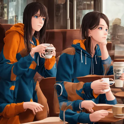 1girl, drinking coffee, wearing a hoodie, pop art style, bright colors, detailed facial features, beautiful eyes, cute expression, sitting in a cozy cafe, warm lighting, photorealistic, 8k, high quality, intricate details, vibrant colors, cinematic lightin...