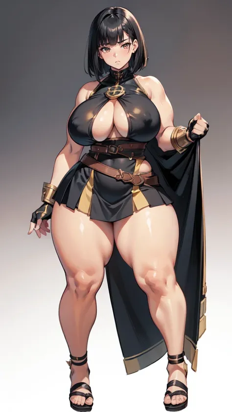 (masterpiece), best quality, female warrior, huge girl, female muscular:1.2, straight hair, black hair, curvy, ((thick thighs:1.4)), (((blank background))), ((full body)), fingerless gloves, sandals, sleeveless, covered nipples, (underboobs:1.3), medium ha...