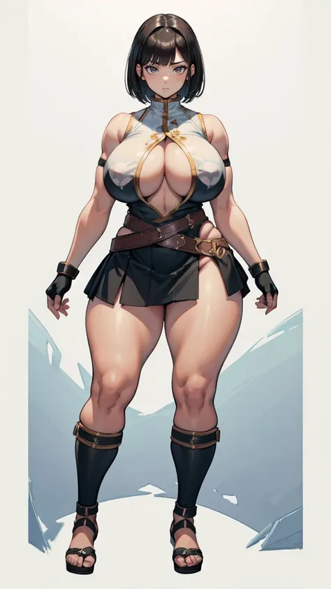 (masterpiece), best quality, female warrior, huge girl, female muscular:1.2, straight hair, black hair, curvy, ((thick thighs:1.4)), (((blank background))), ((full body)), fingerless gloves, sandals, sleeveless, covered nipples, (underboobs:1.3), medium ha...