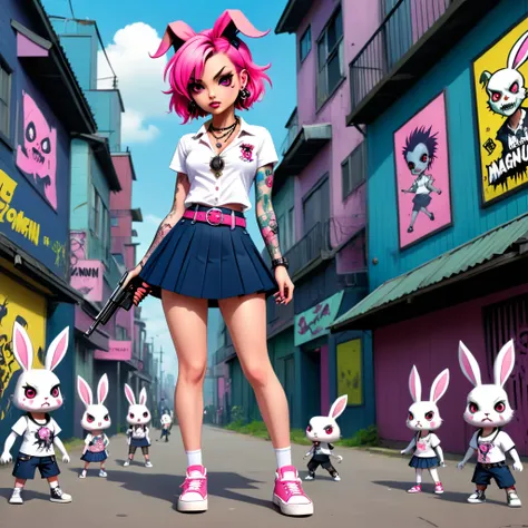 , white shirt with pink buttons, dark blue pleated skirt, punk belt, holding a magnum revolver, tattooed arms and legs, white sneakers, necklace with kawaii rabbit pendant, in the background several zombies standing looking, punk image