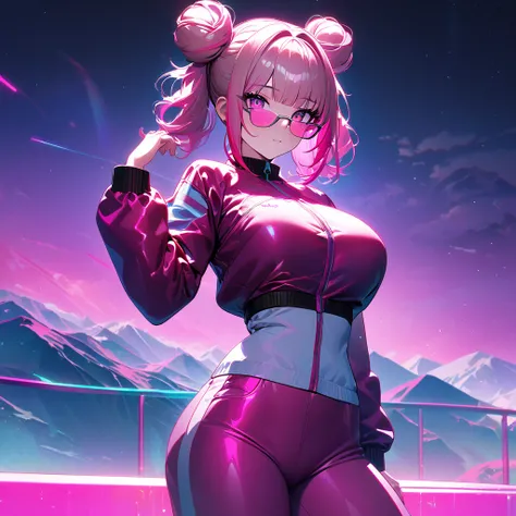 A woman wearing hot pink leather jacket, open jacket, wearing a white shirt with pink string, pink sports pants, sports sneakers, big breasts, hot pink hair, pigtail hair buns, gray bangs, multicolored hair, pink eyes, pink glasses, on a platform synthwave...