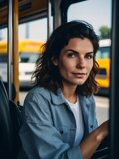 cinematic photo professional close-up portrait photography of the face of a beautiful (((ohwx woman))) driving a city bus, Nikon Z9 . 35mm photograph, film, bokeh, professional, 4k, highly detailed