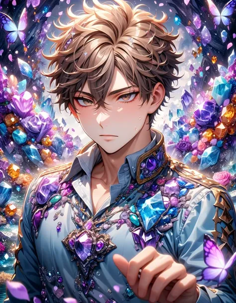 Ultra detailed, HDR, Highres, absurdres, master piece, Oikawa Toru, dark brown hair with bangs, hair swept outwards, hair between the eyes, expressive brown eyes, light blue jacket, white shirt, Haikyuu!!, purple glittering butterflies, purple ice, petals,...