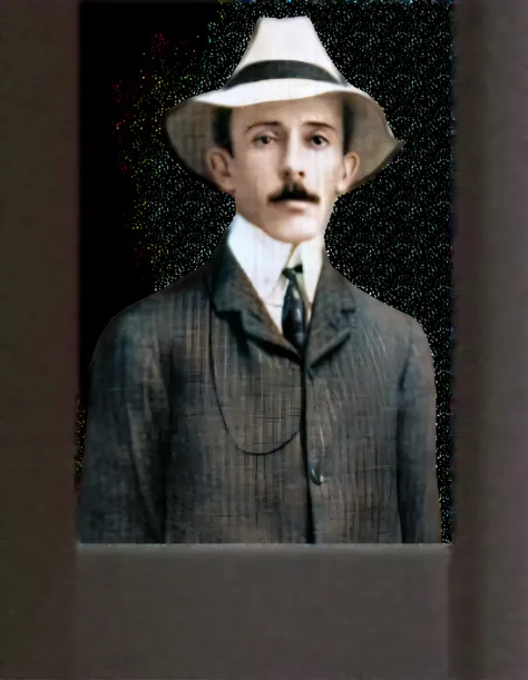 there is a man in a suit and hat posing for a picture, colorized 1 9 0 4 photo, colourized, colorized photograph, a colorized photo, colorized photo, colourised, colorized background, coloured photo, colorized photon, colorized, portrait of nikola tesla, n...