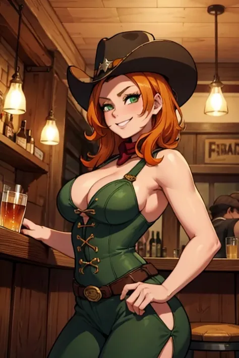 Perfect face, perfect hand. An orange haired female with green eyes and an hourglass figure in a conservative cowgirl outfit is drinking dinner at the bar in a wild west town with a big smile