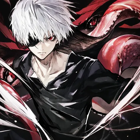 ```
ken kaneki, Tokyo Ghoul, white hair, black outfit, eyepatch, half-ghoul, serious expression, red kakugan eye, kagune tentacles, detailed face, high quality、Acrobatic、Wind-like sensation、

```