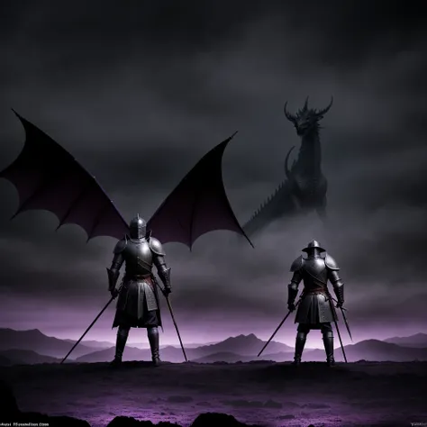 (Medieval knight standing on his back), in front of a dragon with black scales, radiant purple eyes, in the middle of a dark and desolate landscape, with violet fog, about to fight the dragon, as if it were a dark fantasy movie from the 1970s