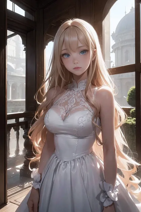 ((1 Female, 1 person, Solitary) Alice,  Humanity, Long curly blond hair, blue eyes, freckle, teenager, 18 years, Rebirth_ongoing) (Main Part, Super detailed, 8K, (HD, Sunlight:0.5, Soft_shadow:0.5, atmosphere_light, 8K, 4K, Surrealism, elegant, ((((Appeara...