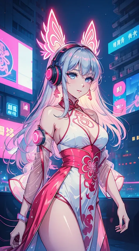 a girl in a chinese cyberpunk-style outfit, with liquid silver and pink accents, wearing a cheongsam dress, dynamic poses, glowing headphones, luminous hair ornaments, long white hair, luminous earrings, glowing necklace, in a high-tech cyberpunk city full...