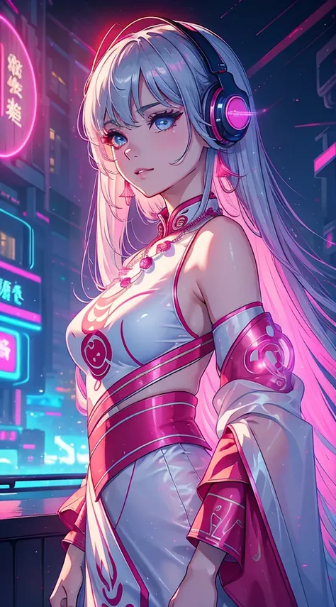 a girl in a chinese cyberpunk-style outfit, with liquid silver and pink accents, wearing a cheongsam dress, dynamic poses, glowing headphones, luminous hair ornaments, long white hair, luminous earrings, glowing necklace, in a high-tech cyberpunk city full...