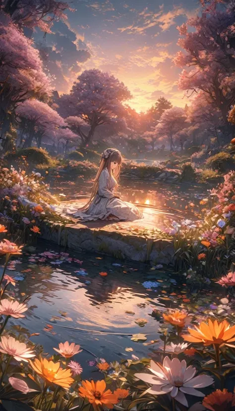 masterpiece, best quality, Extremely detailed CG unity 8k wallpaper, Magic pond at dusk, Meticulous attention to detail, light, high resolution, Flowers in bloom，（（（Spring morning）））
.Ultra wide angle（（（masterpiece）））, （（best quality））,（（Intricate details）...