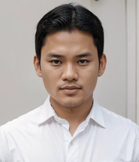 an Indonesian man with black hair and wearing a white shirt