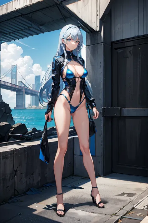 1woman, metallic hair, blue eyes, bikini, standing on ground, high res, ultra sharp, 8K, masterpiece