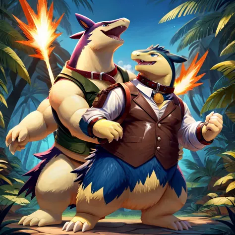 Male, fat, extremely obese, gentleman, Typhlosion, blue eyes, (posing:1.3), (soft shading), 4k, hi res, ((detailed face, detailed)), looking upward, breathing fire, gaping mouth, jungle, forest, shirt, top hat, male focus, Explorer Outfit, glasses, monocle...