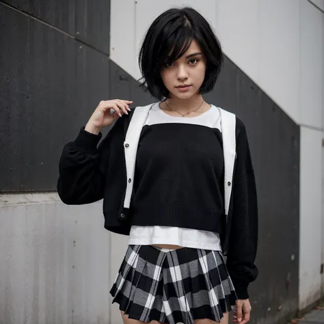 Girl with short medium black hair, plaid skirt, black sweater, white t-shirt 