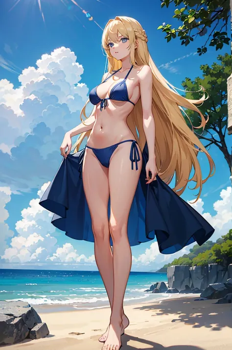 1woman, long hair, blonde hair, blue eyes, blue bikini, standing on ground, high res, ultra sharp, 8K, masterpiece