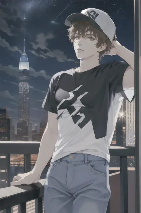 a handsome american man on an apartment balcony, skyscrapers in new york city background, messy brown hair, gorgeous attractive face, wearing a white t-shirt, jeans, and a baseball cap, starry night sky, cinematic lighting, photorealistic, highly detailed,...