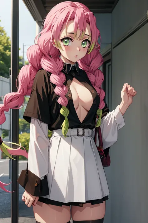 (masterpiece:1.3), (best quality:1.1), (8k, ultra detailed, ultra high res:1.2), ((anime style)), perfect 5 fingers, perfect anatomy, 
1girl,
Mitsuri Kanroji, 
BREAK long hair, pigtail braids, 
pink hair, 
green eyes, 
large breasts,  
BREAK black shirt, b...