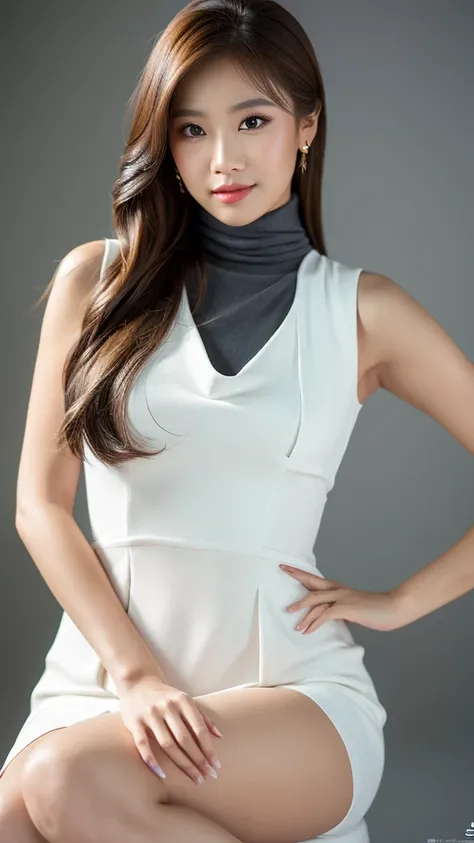 (Detailed face),(between legs),chest,cute,Sleeveless and(turtleneck)White formal dress,4K,Ultra-high resolution,（Photorealistic：1.7）,Gray background,Long Hair,