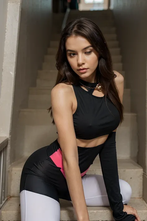 1girl in, age 25, Square face, Long hair, Looking at Viewer, jewelry, Realistic, A sexy, Leggings outfits, multicolored outfits, Old staircase background, sleep pose