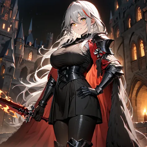 a woman wearing black heavy armor, black metal bracelet, black metal boots, horned shoulder pads, wearing a red fur cape, iron c...