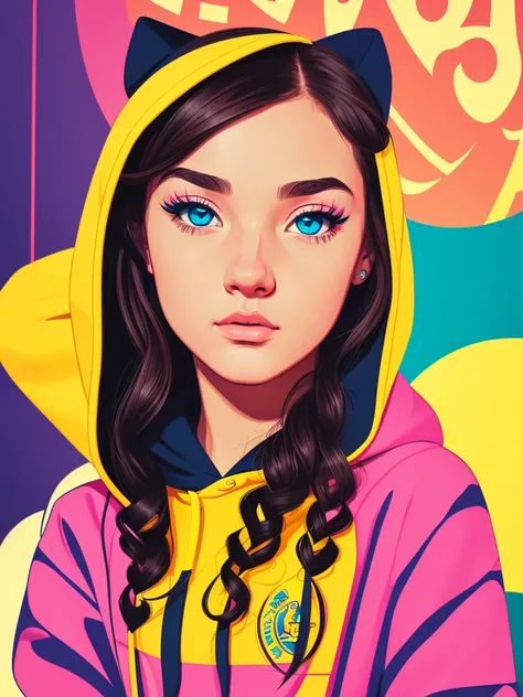 llustration of a girl looking bored，wearing a hoodie, pop art style, bright colors, detailed facial features, beautiful eyes, cute expression, sitting in a cozy cafe, warm lighting, photorealistic, 8k, high quality, intricate details, vibrant colors, cinem...