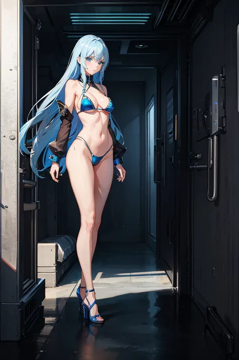 1woman, metallic hair, blue eyes, bikini, standing on ground, high res, ultra sharp, 8K, masterpiece