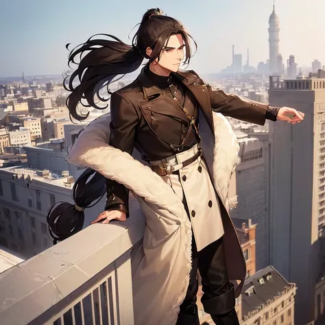 (detailed), (((normal guy))), (arab features), ((brown sheepskin jacket)), ((pelo con rulos negro ponytail hairstyle)), (calm face), ((ponytail hairstyle)), ((tall black boots)), (((whole body))), ((on top of a building)), ((male))