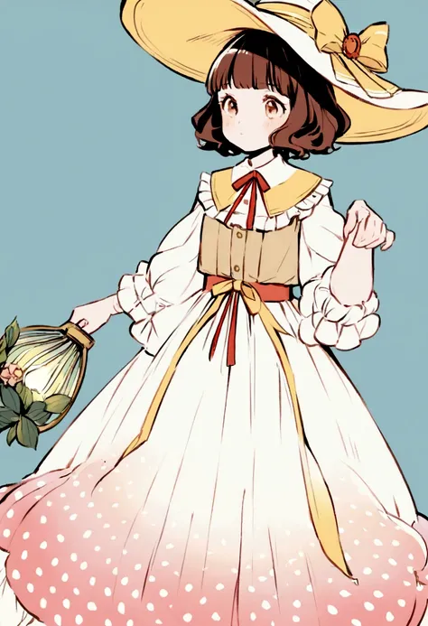 aquarela vintage, a  with brown hair, standing and looking to the side. She is wearing a long dress with ruffles at the hem and polka dot prints in red and yellow., plus a large wide-brimmed hat with a satin bow. The costume suggests an antique or vintage ...