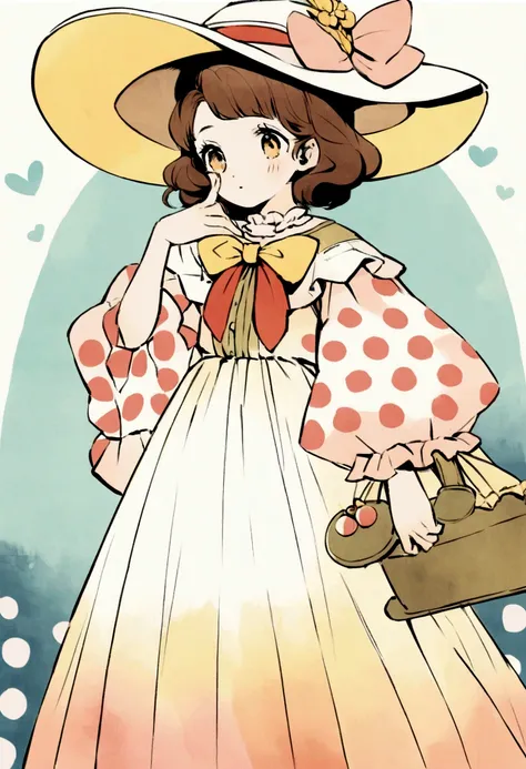 aquarela vintage, a  with brown hair, standing and looking to the side. She is wearing a long dress with ruffles at the hem and polka dot prints in red and yellow., plus a large wide-brimmed hat with a satin bow. The costume suggests an antique or vintage ...