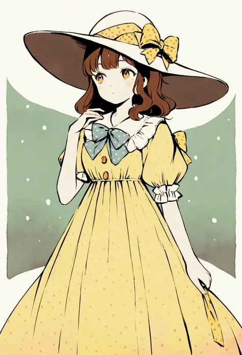 aquarela vintage, a  with brown hair, standing and looking to the side. She is wearing a long dress with ruffles at the hem and polka dot prints in red and yellow., plus a large wide-brimmed hat with a satin bow. The costume suggests an antique or vintage ...