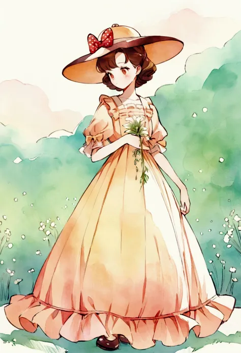 aquarela vintage, a  with brown hair, standing and looking to the side. She is wearing a long dress with ruffles at the hem and polka dot prints in red and yellow., plus a large wide-brimmed hat with a satin bow. The costume suggests an antique or vintage ...