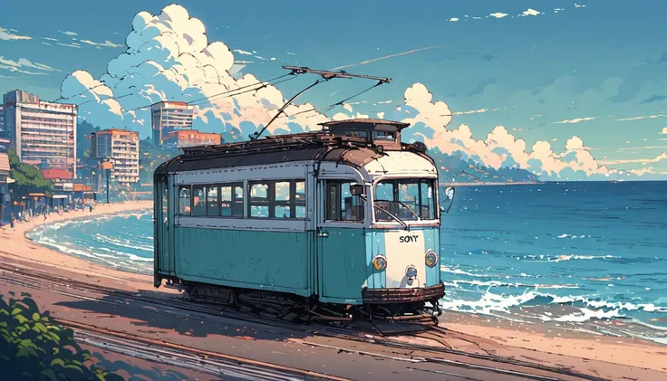 ((anime:1.4,illustration)),(masterpiece, top quality, best quality),(ultra-detailed, absolutely resolution),((16k, high res)), (((tram, seaside, blue sky, cumulonimbus cloud)) ((cozy lofi illustration:1.4)), ((anime:1.4, illustration)),(masterpiece, top qu...