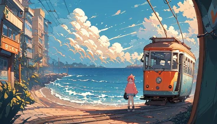 ((anime:1.4,illustration)),(masterpiece, top quality, best quality),(ultra-detailed, absolutely resolution),((16k, high res)), (((tram, seaside, blue sky, cumulonimbus cloud)) ((cozy lofi illustration:1.4)), ((anime:1.4, illustration)),(masterpiece, top qu...